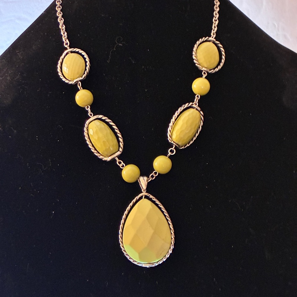 Big, Bold Vintage Statement Necklace with a Lime Green Focal Point & Silver Tone